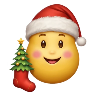 D cute yellow emoji face wearing a Santa hat, with a happy soft expression. Replace the hearts with festive Christmas elements: a Christmas tree, stocking, snowflake, and other holiday icons. sticker