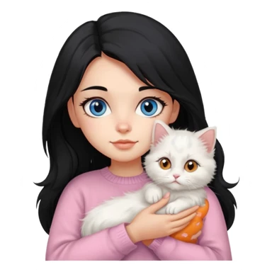 Girl with mid long black hair in soft pink sweater holding A 2-month-old Persian-Angora mix kitten with blue eyes and mostly orange fur with white patches cat sticker