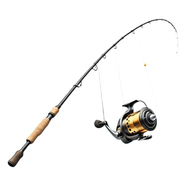 Cinematic Realistic Fishing Rod, sleek graphite rod with a smooth, polished reel, thin line disappearing into a shimmering lake, warm golden sunlight reflecting off the water, glowing with a tranquil and adventurous aura. sticker