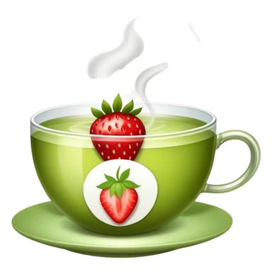 cup of green tea with a strawberry garnish sticker
