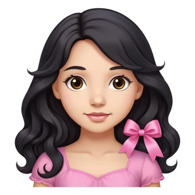 Beautiful girl with long wavy black hair, brown eyes, light skin, slight smile, pink ribbon in hair, and pink dress sticker