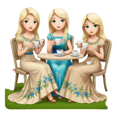 Turkish blonde girl beautiful finish Konya girl blue eyes with Beautiful beige green floral long tail dress and this two friends sit in a lovely garden on the chair on the ground and holds cup coffe with her hand  sticker