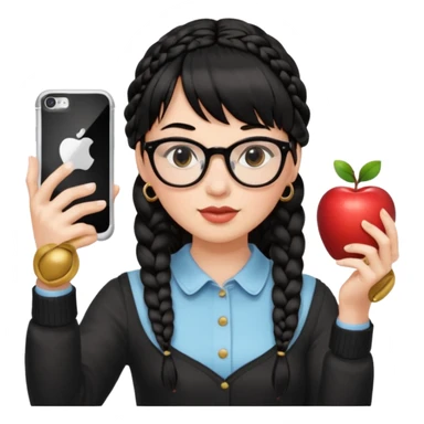 Black hair is braided to one side, braided to the left, and full bangs, wearing horn-rimmed glasses, holding an iPhone white color and taking a mirror selfie so that Apple logo comes out sticker