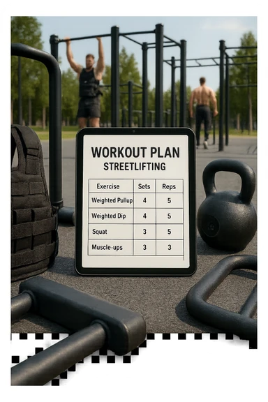 a detailed workout plan for streetlifting displayed on a clipboard or digital tablet, surrounded by gym equipment like weighted vests, dip bars, pull-up bars, and kettlebells. The plan includes exercises such as weighted pull-ups, weighted dips, squats, and muscle-ups, with sets and reps clearly visible. The background is a modern outdoor calisthenics park, with athletes training in the distance. sticker