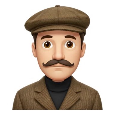 three quarter head profile huge mustache big sideburns sport coat black turtleneck tweed flat cap, squinting eyes trying to puzzle out sticker