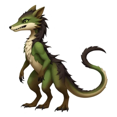 Brown and beige badass elegant wild beautiful natural cute badass epic exotic anthro modern furry 2-legged sergal-vernid-creature, full body, dark-brown-black-gradient pretty hair, with a long tufted tail, green eyes, aesthetic, art by LiLaiRa, art by art by Falvie sticker