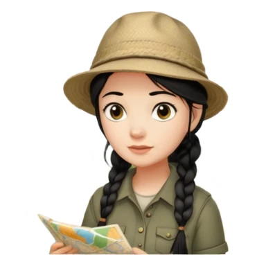 A braid black hair backpacking woman checking her map with curious eyes while wandering in the woods with camping hat sticker