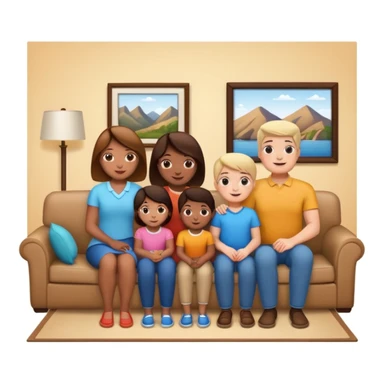 family posing for photo, living room background sticker