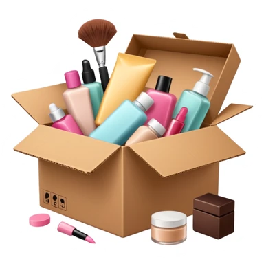 a cardboard box with assorted beauty products like compact, lotion, and nail polish spilling out with a purple background sticker