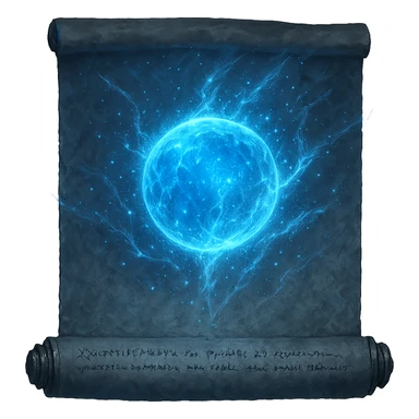 Place a glowing ice magic globe centered on the blank sorcery scroll, inspired by Elden Ring glintstone sorcery icons. The globe should radiate icy blue magical energy, frosty sparkles, and ethereal effects, blending with the scroll as if it were a spell illustration. Transparent background, 1080 x 1080. sticker