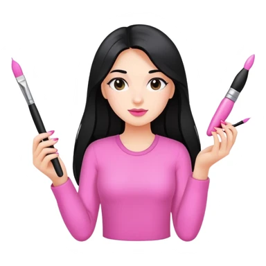 Pink Nail Tech with black long hair holding small acrylic brush sticker