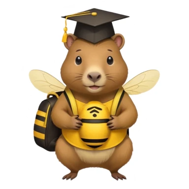 capybara wearing a bee backpack and graduate hat sticker