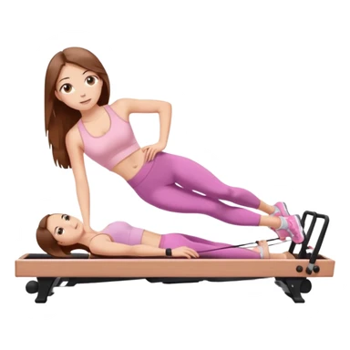 pretty white teen with hazel eyes and long brown hair and a small waist in light pink workout clothes in a plank on a pilates reformer sticker