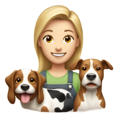 happy face emoji with brownish blonde hair on a farm with a cow and a dog  sticker