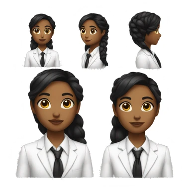  a young girl with Latin features, dark skin, long black hair with a ponytail, makeup, big eyes, small nose, thin eyebrows, wearing a white suit, white shirt and black tie sticker