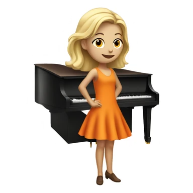 Blonde girl wearing an orange dress playing a brown upright piano sticker