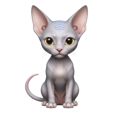 A 3D cartoon silver-gray Sphynx cat with smooth skin, gentle expression, elegant pastel lighting, cinematic Memoji rendering. full body or half body. sticker