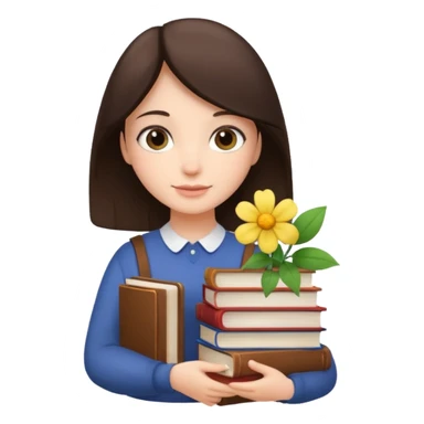 Brunette holds a stack of books + flower sticker