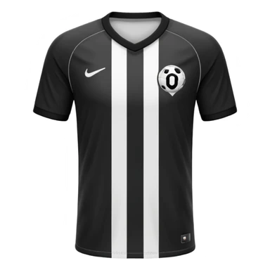 Soccer jersey emoji, cartoon emoji style, front view, black football shirt with a bold vertical white stripe in the center, clean and minimal design, no logo, no sponsor, short sleeves, black round collar, sticker