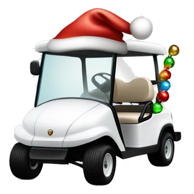 White golf cart with holiday lights, and Santa hat on top sticker