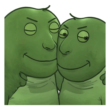 Person with black hair and bangs hugging a person with brown long hair and another person with back Afro sticker