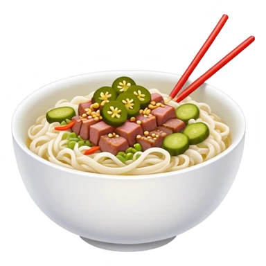 Guilin rice noodles with pickles and meat topping, simplified emoji style with bold outlines and bright colors, cartoon style rice noodle bowl sticker