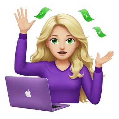 lady with long wavy blonde hair, purple top, green eyes, throwing her with a purple mac laptop hands in the air crying sticker