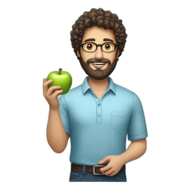 A male nutritionist with a full beard and dark, curly hair and white skin, wearing glasses, holding an apple in his hand. Who has a light blue shirt on. sticker