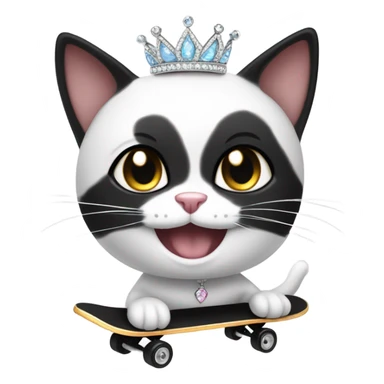 Grinning Black and white cat skateboarding wearng crystal tiara sticker