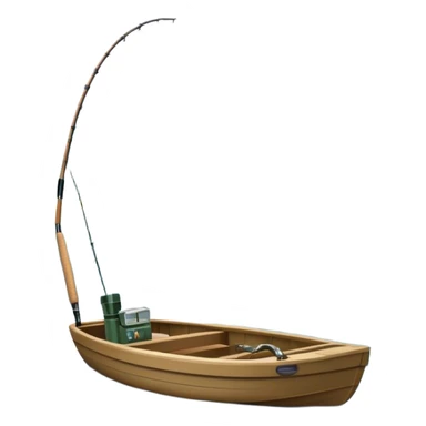 Icon for Fishing: a boat on the shore of a serene lake, including trees and water, with a scenic natural background, a fishing rod and tackle box. The icon should represent the peacefulness of fishing. Transparent background, no border. sticker