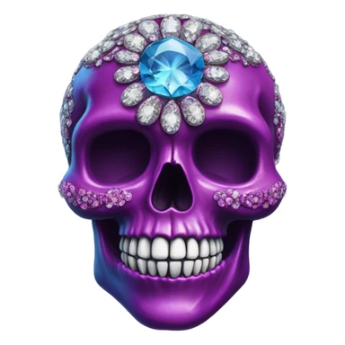 Realistic isolated metallic ornate dark purple,magenta,light blue,and hot pink filigree skull decorated with shiny diamonds and rhinestones.  sticker