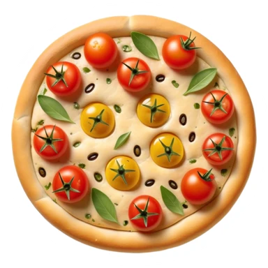 cinematic-realistic-focaccia-bread-dish-emoji,-depicted-as-a-golden,-olive-oil-brushed-flatbread-sprinkled-with-herbs-rendered-with-lifelike-texture-and-soft,-appetizing-lighting showing olives on top and the cherry tomatoes sticker