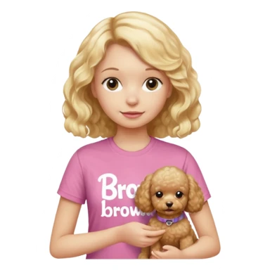 hazme un emoji que sea una niña rubi con el pelo ondulado i una camiseta rosa que ponga brownie, i acariciando a un perro (caniche toy) sticker