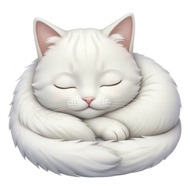 Meme-Worthy Cute Sleeping White Cat Portrait Emoji, Head peacefully tilted with a tender, contented smile and eyes gently closed in serene slumber, featuring a pristine white fur with subtle, delicate silver accents, simplified yet irresistibly adorable, highly detailed, glowing with a soft, drowsy radiance, high shine, exuding calm, heartwarming charm, styled with a gentle, soft glowing outline, capturing the essence of a sleeping white cat that seems destined to become the next viral icon of adorable repose! sticker
