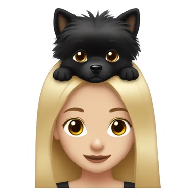 brown eyes blond girl petting black pomeranian with a white nose  sticker