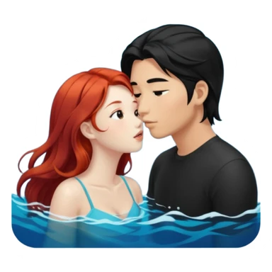long black haired asian guy kiss redhead girl in ocean sticker