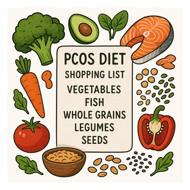 realistic illustration of a PCOS diet shopping list: vegetables, fish, whole grains, legumes, seeds, colorful icons, modern style, white background sticker