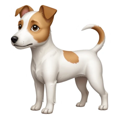 a full body white parson russell looking dog the size of a kelpie with light brown ears and a light brown patch on one eye and a large snout sticker