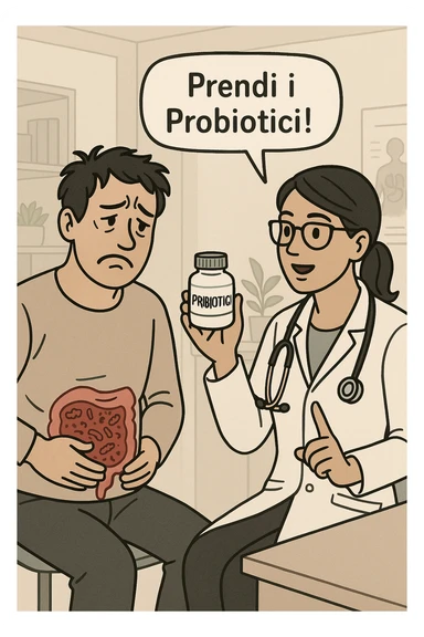 Uomo che ha disbiosi evidente e il dottore gli dice "Prendi i Probiotici!" sticker