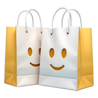 A 3D emoji of two white paper shopping bags, one large and one small, standing next to each other. Soft studio lighting, smooth 3D rendering, claymorphism style, minimalist design, cute, high resolution, isolated on a white background. sticker