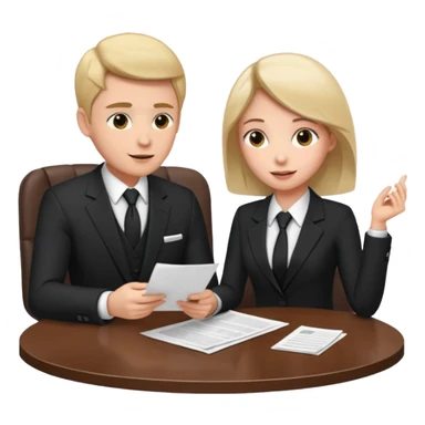 man in formal suit talking to woman in formal suit, they sit, papers in hands on the table sticker