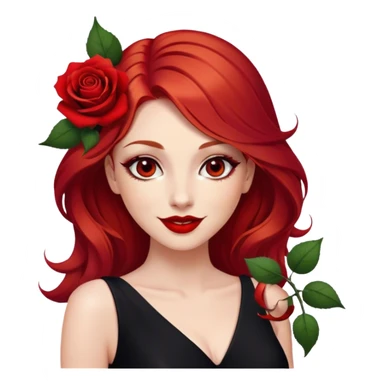 a beautiful angry woman with red hair and red eyes. The woman wear a black little cutted dress. She have red lipstick and she have a seductive look and smile. She have a rose flower in her hair sticker