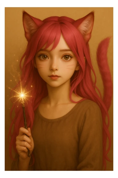 Add a magical accessory such as a sparkling wand or mystical orb to the catgirl, keeping the realistic anime style and pink hair. sticker