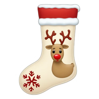 A beige Christmas stocking with red snowflakes and a reindeer drawn on it. The reindeer has a red nose. sticker