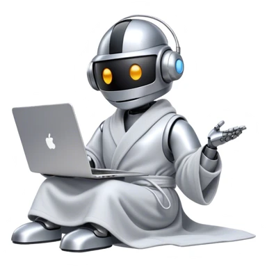 Emoji of a remote-working robot in a cozy smooth bathrobe with a laptop. The robot has a sleek helmet-like head with LED digital eyes. Relaxed yet high-tech vibe. sticker