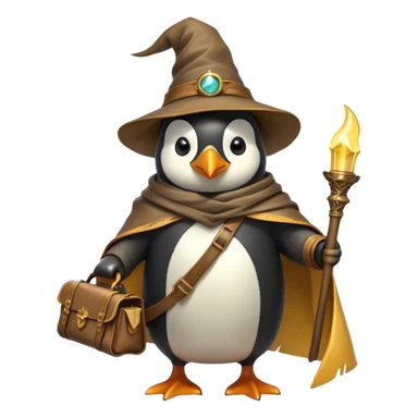 A wizard-explorer penguin inspired by Indiana Jones, wearing a weathered yellow enchanted hat and a flowing cape. It carries a leather satchel with ancient scrolls and holds a glowing magical relic. Cartoon-style, smooth shading, highly detailed, no background sticker