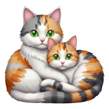 grey and white cat cuddling a colourful light patched calico + white tabby cat sticker