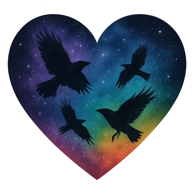  heart with rainbow night sky and dark ravens, remove background sticker
