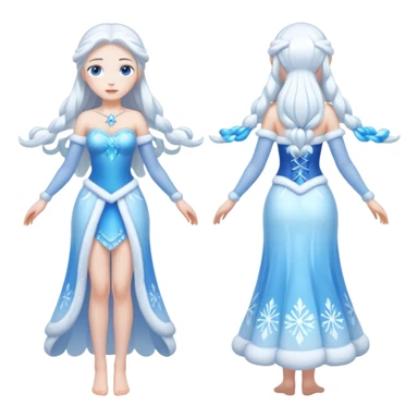 An ice Snow Maiden character with two arms and two legs, full body, front view, back view, side view, three-quarter view, consistent character design, translucent ice material, winter fairy tale style. sticker