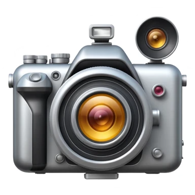 Minimal emoji icon of a huge cinematic metalic camera, front view, realistic lens, no gold sticker
